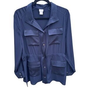 Chicos Navy Button-Down Elastic Waist Utility Shacket Jacket Pockets Womens‎ M